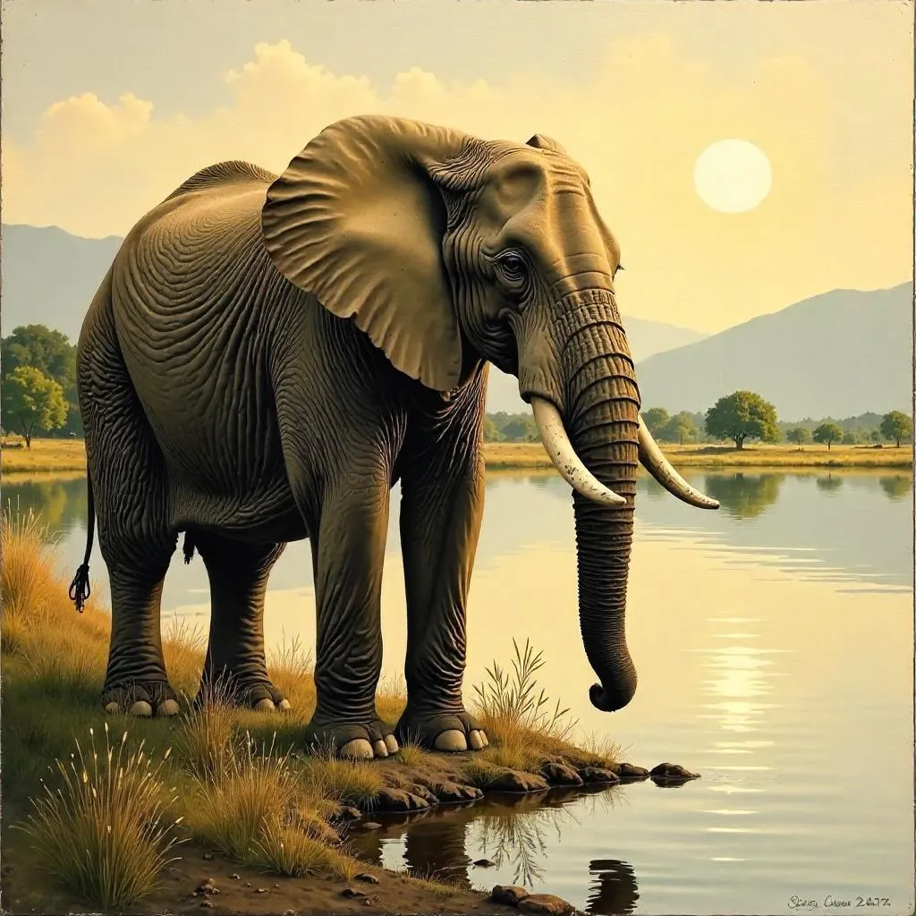 Majestic Elephant by the Lake in Oil