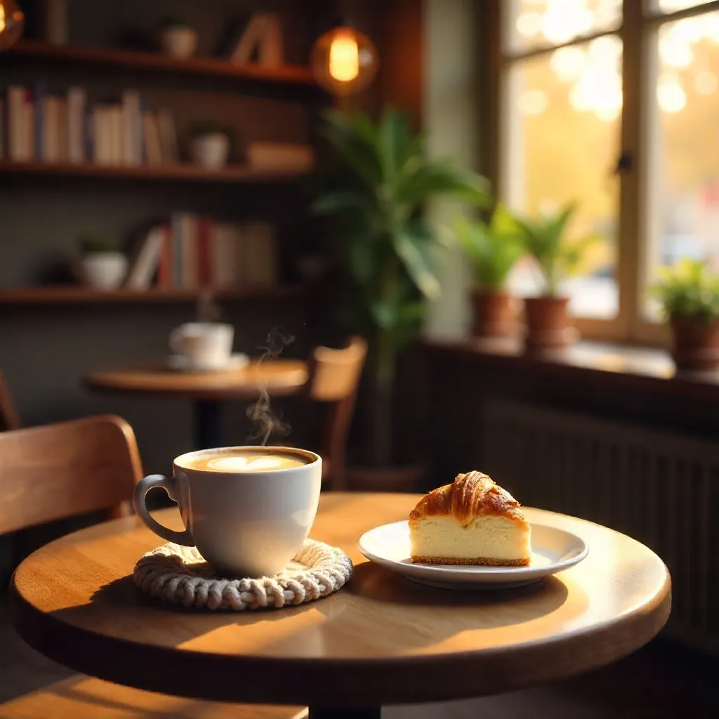 Cozy Café Table with Cappuccinos and Dessert