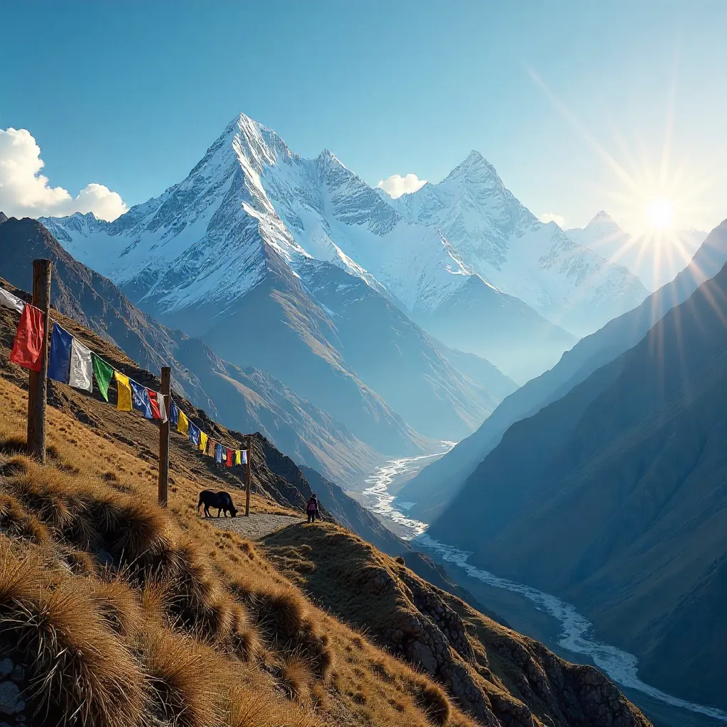 Prayer Flags Over Himalayan Peaks in Nepal