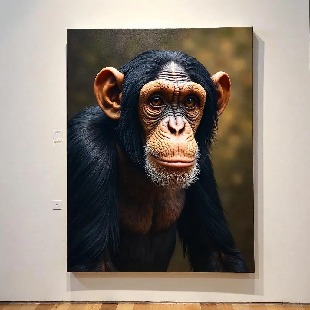 Photograph of an oil-painted chimpanzee portrait
