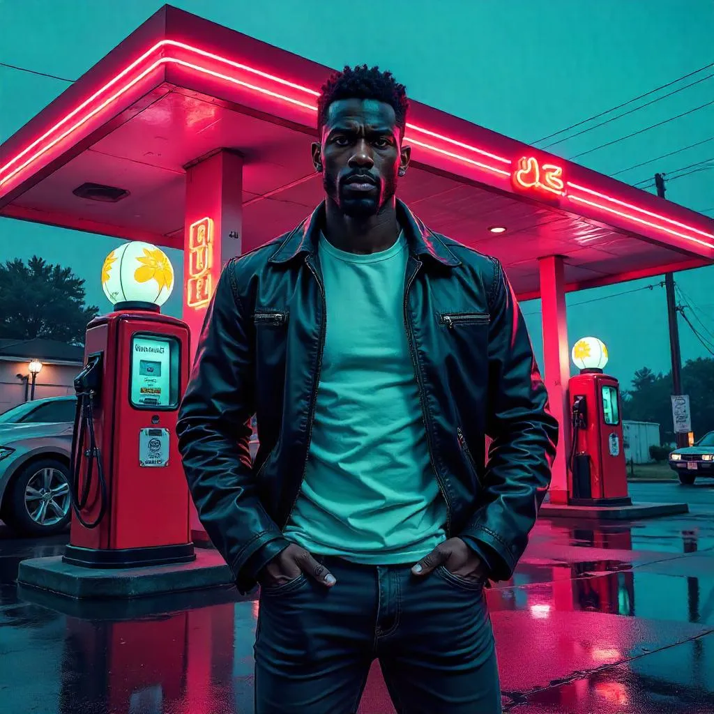 Handsome Black Hero at a Neon Gas Station