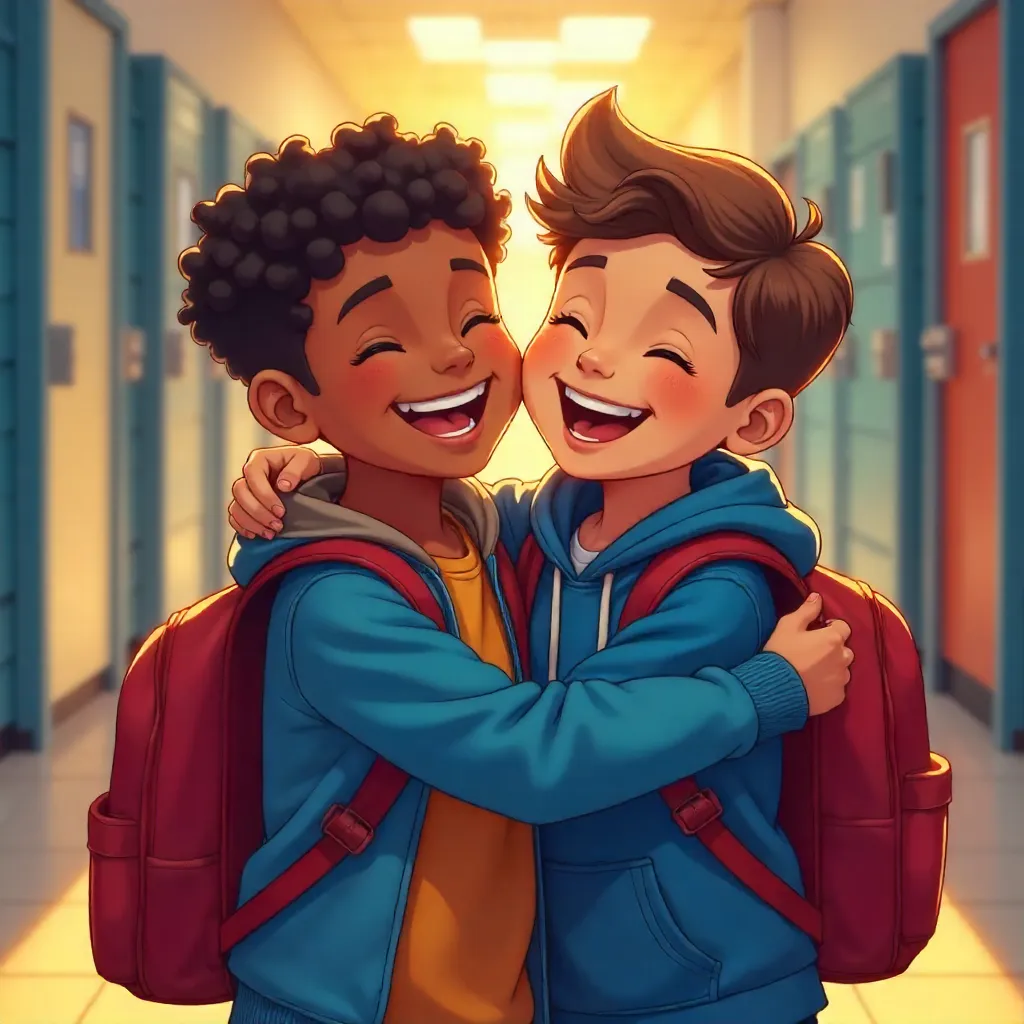 Joyful School Embrace: Two Boys in Friendship