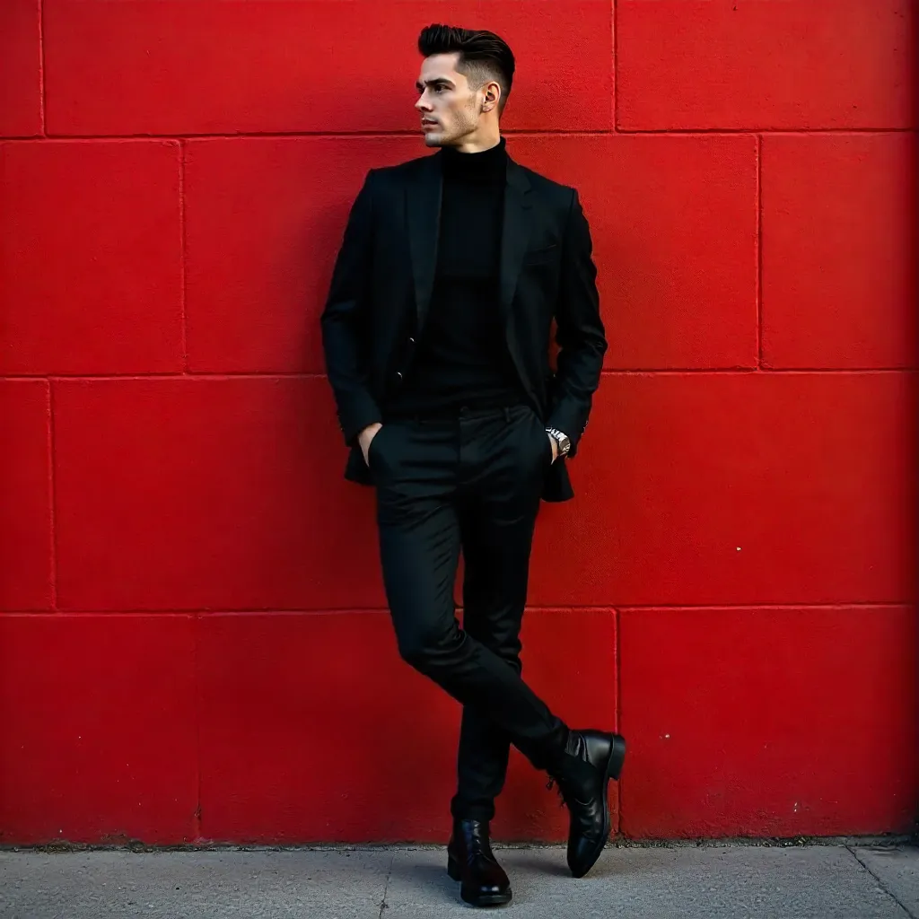 Confident Style: Stylish Man Against Bold Red Wall