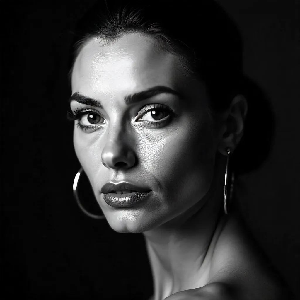 Confident Black & White Portrait with Hoop Earrings