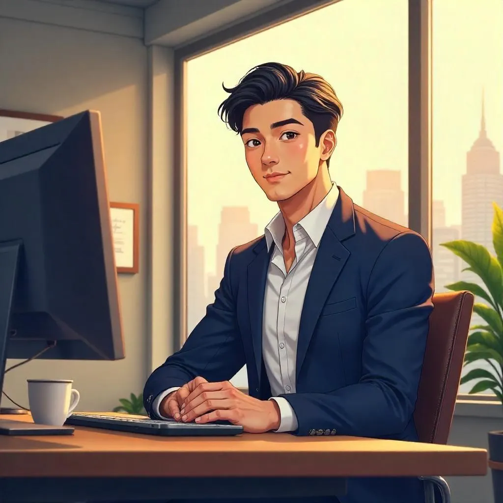 Confident Asian Man in an Anime Office
