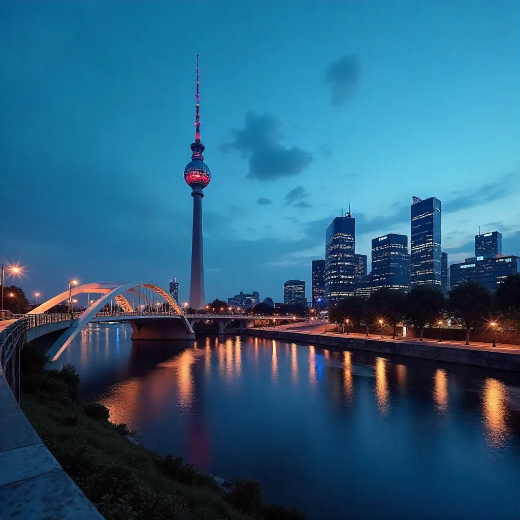 Berlin TV Tower Framed by Arch Bridge Over Spree