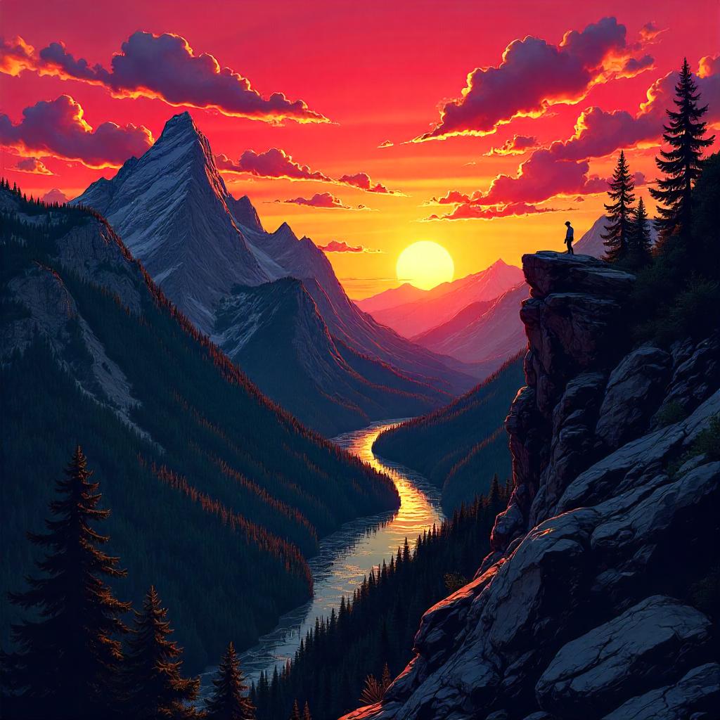 Comic Sunset Over a Mountain Valley