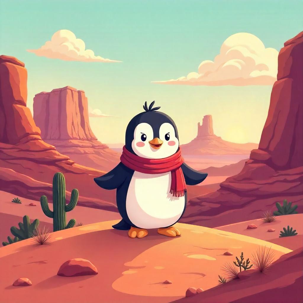 Cartoon Penguin on a Sunset Mesa