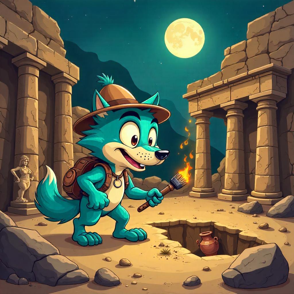 Cartoon Werewolf at an Archaeological Dig