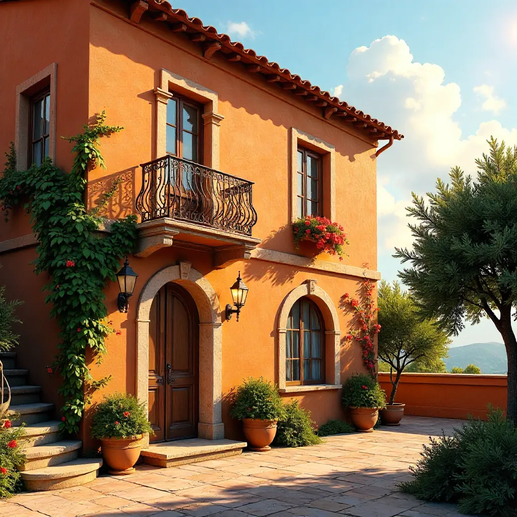 Golden Hour Mediterranean Orange Facade with Greenery