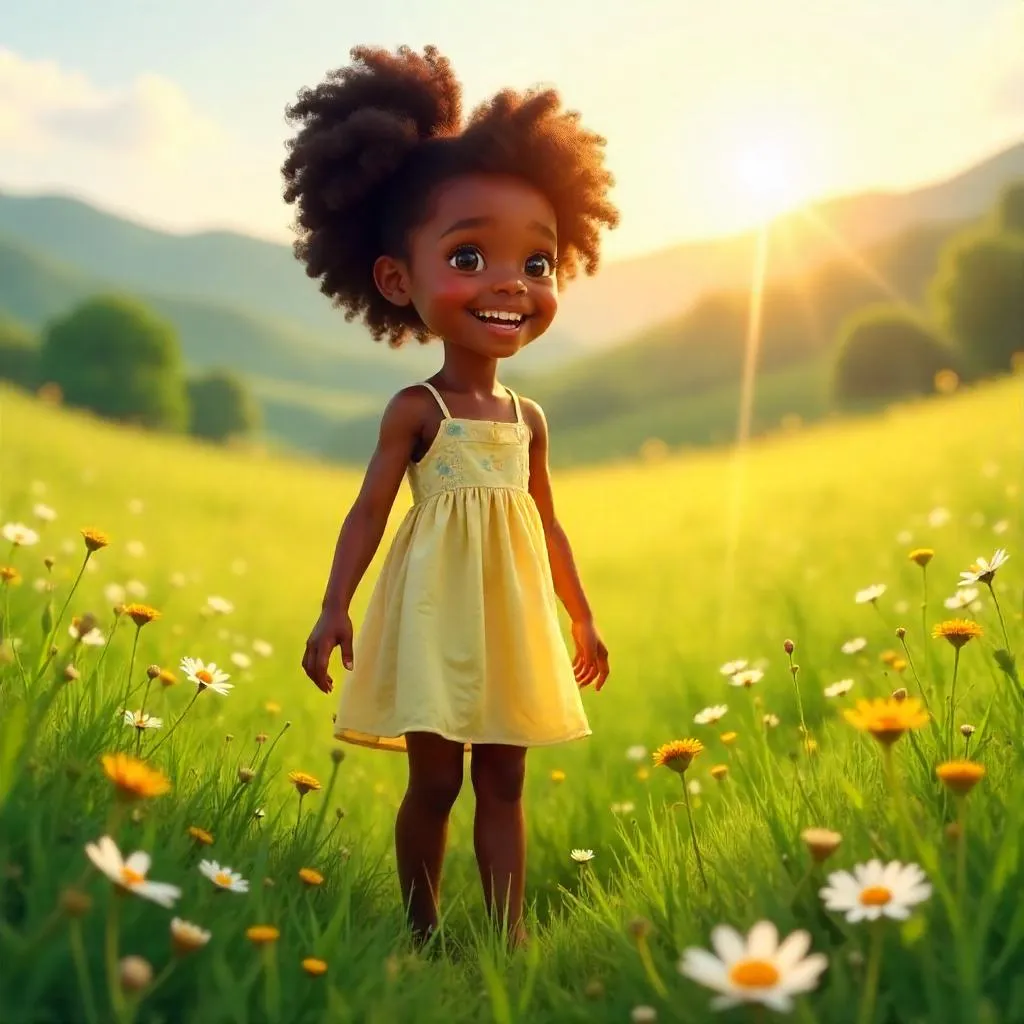 Cheerful Black Girl in a Photoreal Meadow
