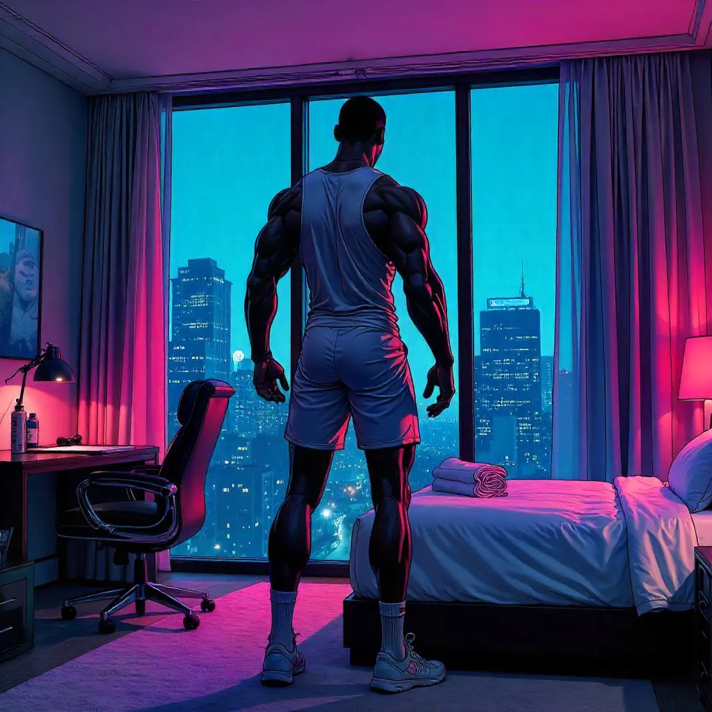 Heroic Black Athlete in a Neon Hotel Room