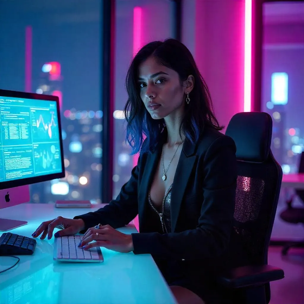 Neon-Lit Latina in a Cyberpunk Office