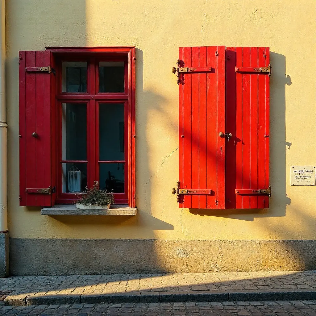 Sunlit Kassel Wall with Red Shutter Shadows