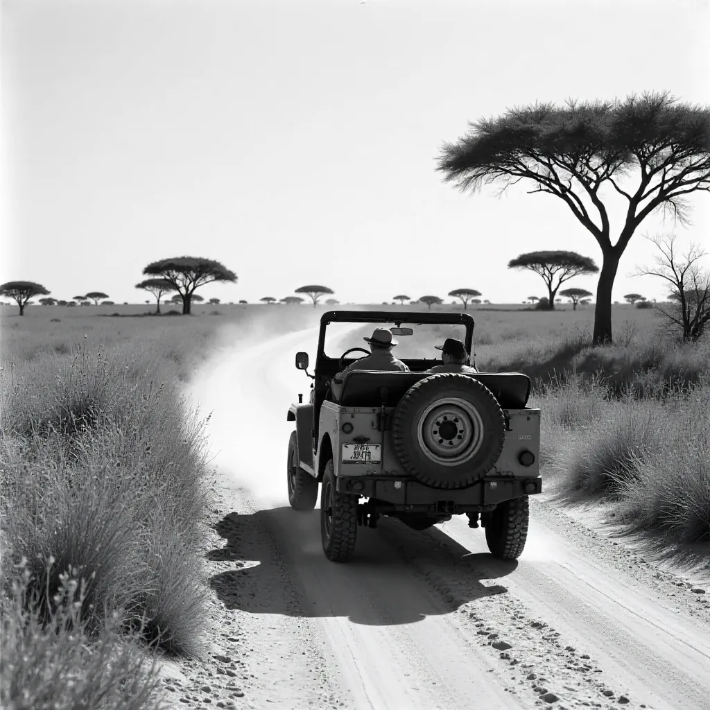 Open-Top Safari Jeep on Dusty Road in Monochrome
