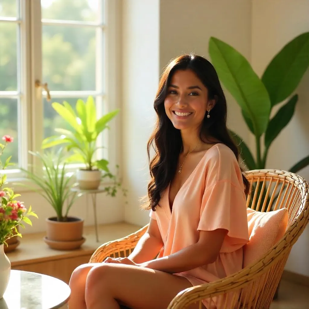 Cheerful Latina in a Sunlit Sunroom