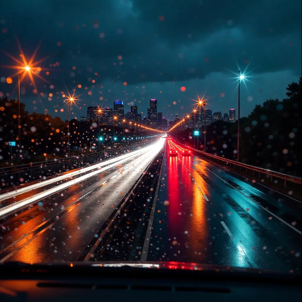 Night Highway Light Trails Amid Urban Glow