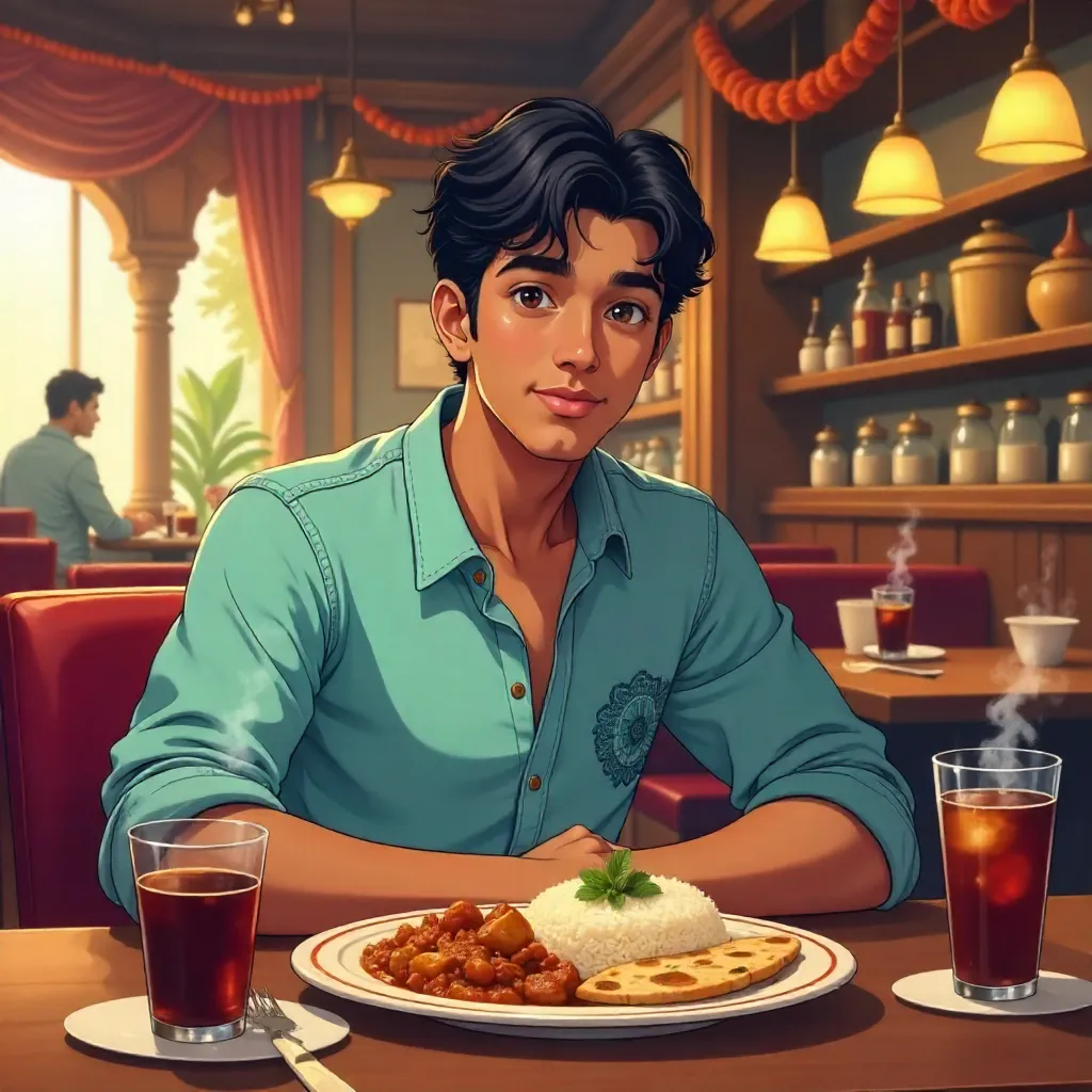 Anime-Style Indian Man Dining in a Busy Restaurant