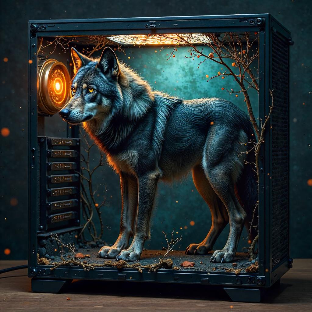 Oil Wolf Inside a Computer: Surreal Tech Portrait
