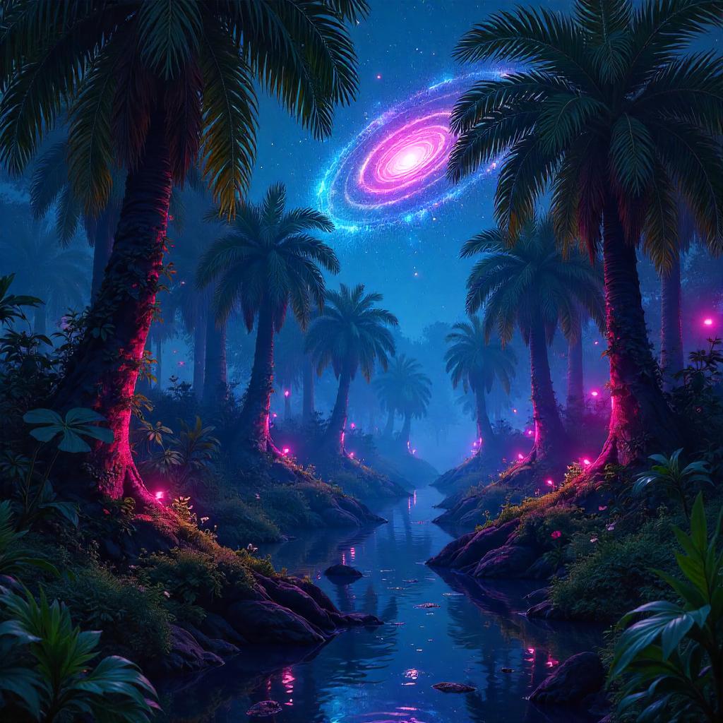 Neon Galaxy Above Jungle Canopy