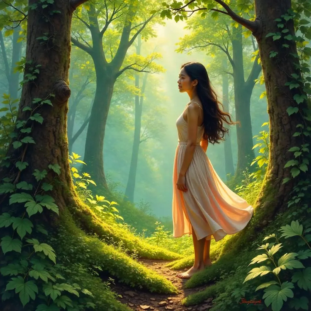 Forest Portrait in Oil: Asian Woman in Dappled Light