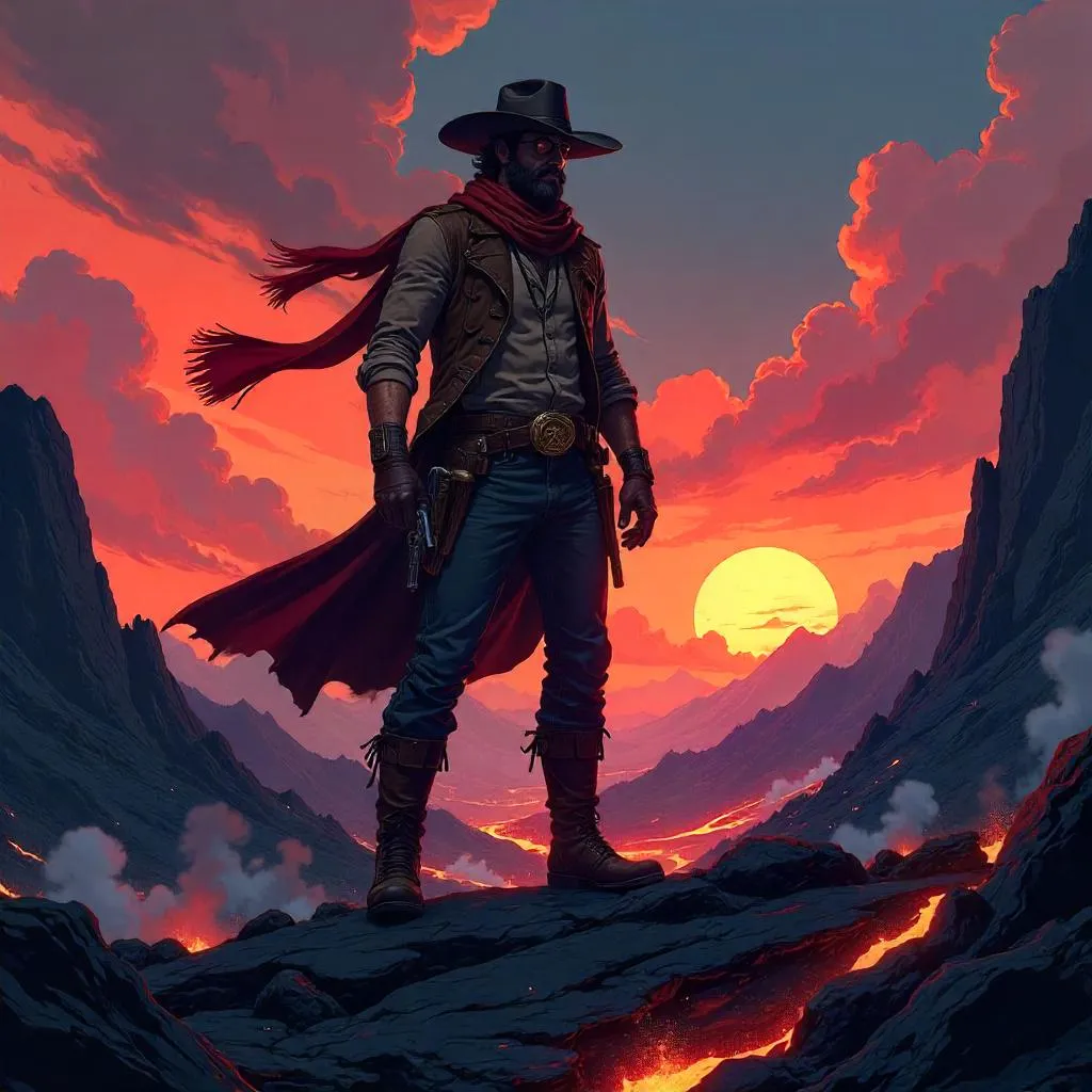 Volcanic Ridge: Anime Cowboy at Dusk