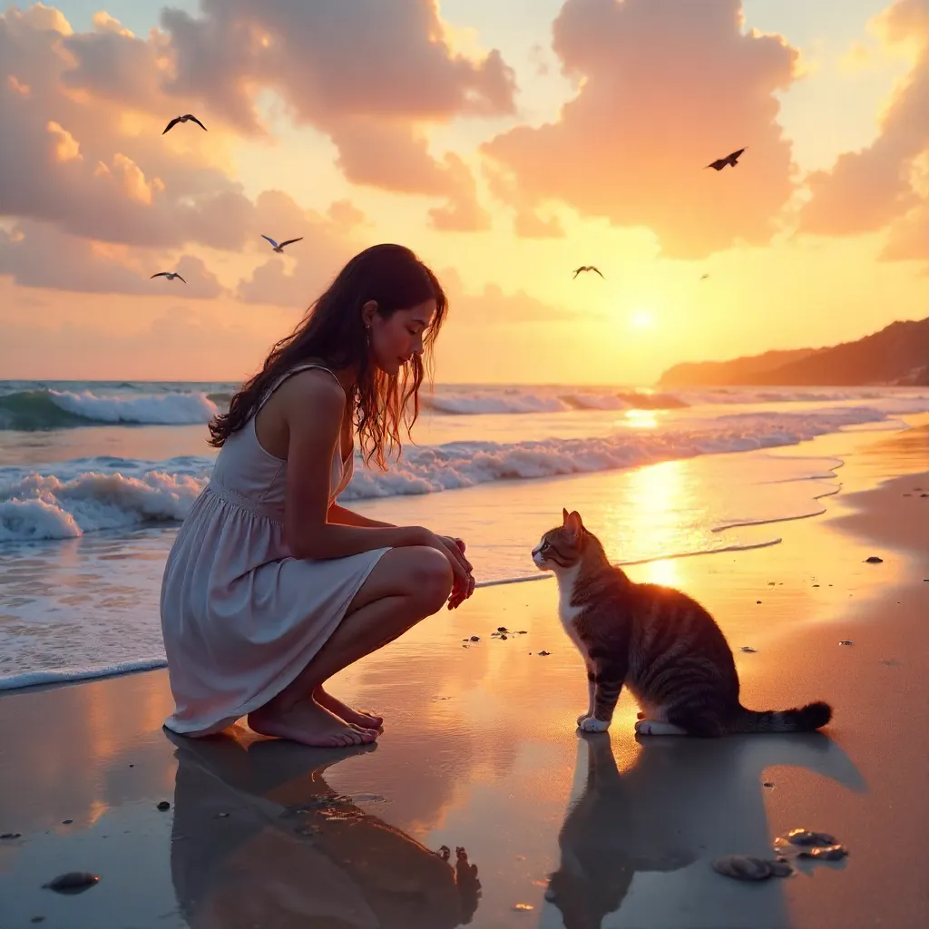 Sunset Beach Moment: Woman and Cat in Warm Light