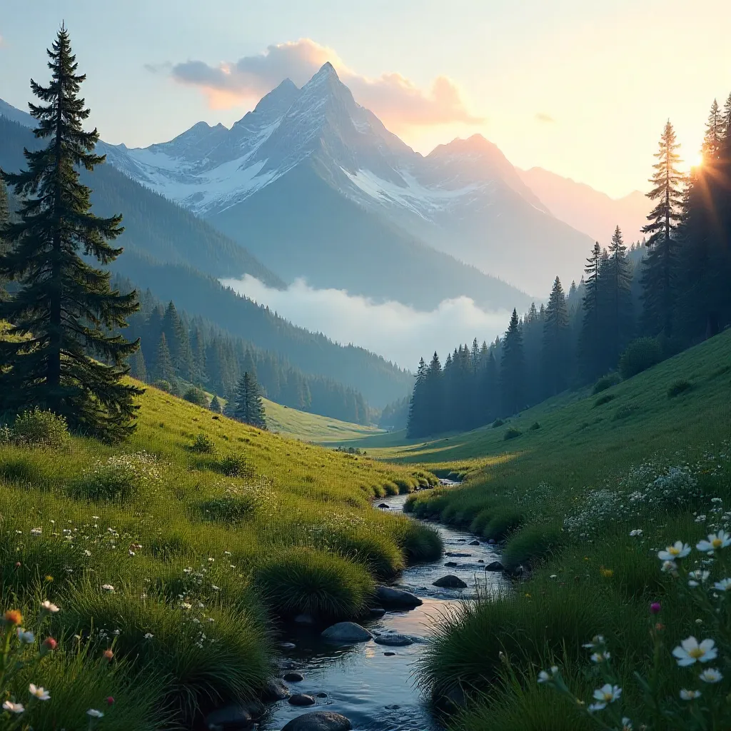 Mist-Kissed Mountains Over a Tranquil Meadow