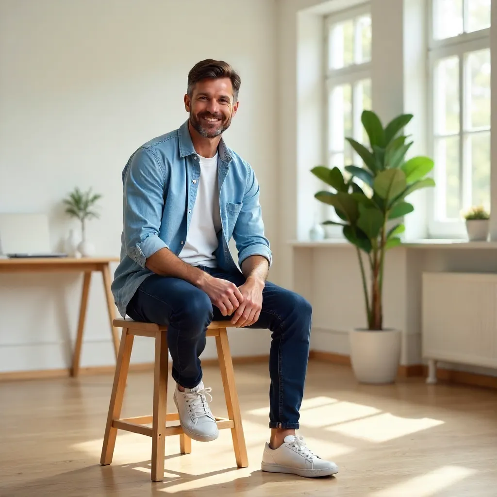 Casual Man on a Stool in a Bright Minimalist Room