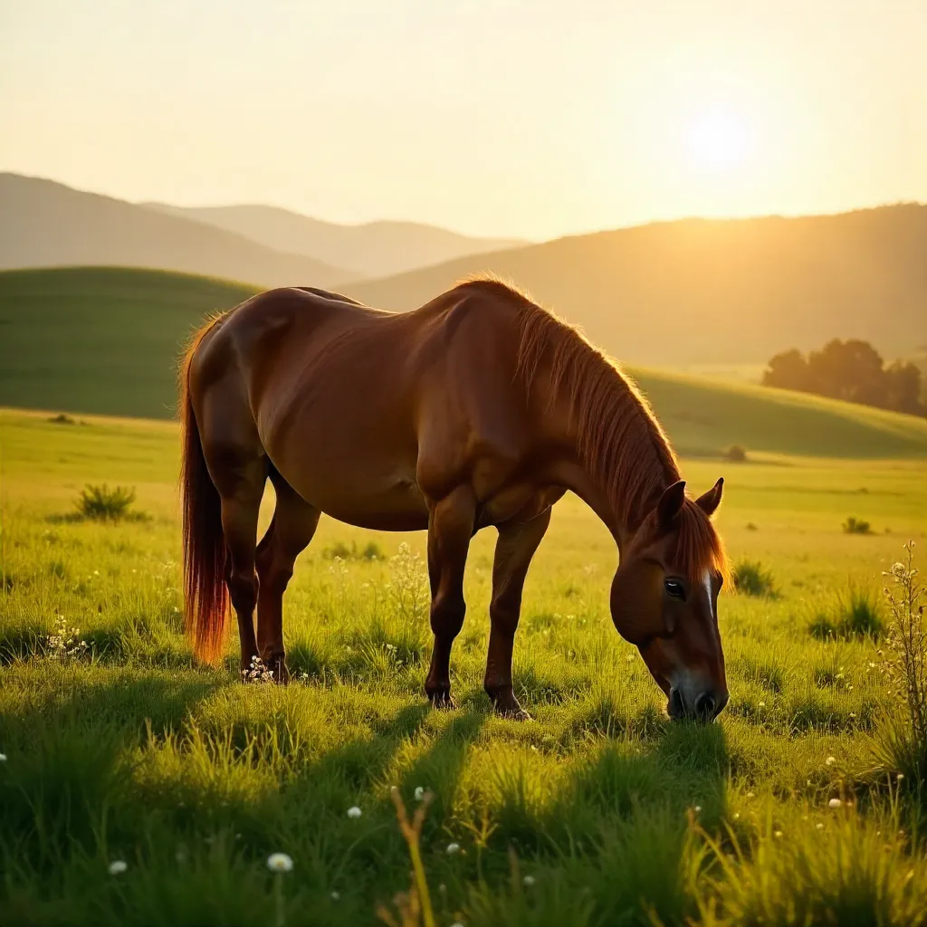 Peaceful Brown Horse Grazing in Sunlit Meadow