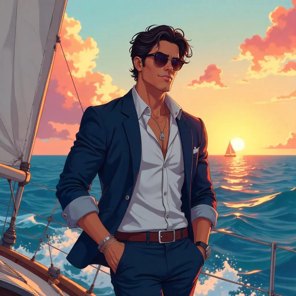 Sleek Latino Anime Idol on a Sunset Boat