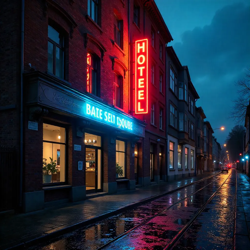 Neon Hotel Sign Over Karlsruhe at Night