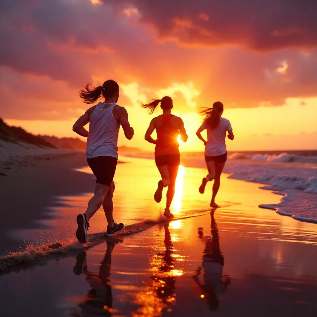 Three Blurred Silhouettes on Sunset Beach Run