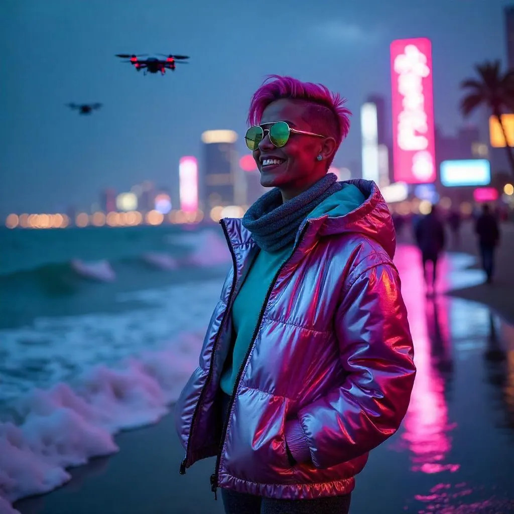Cheerful Latina in a Cyberpunk Ocean Neon