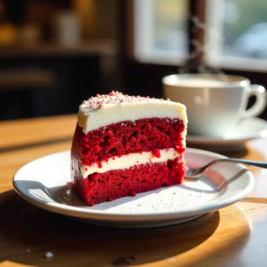 Perfect Red Velvet Cake Slice in Cozy Dessert Scene