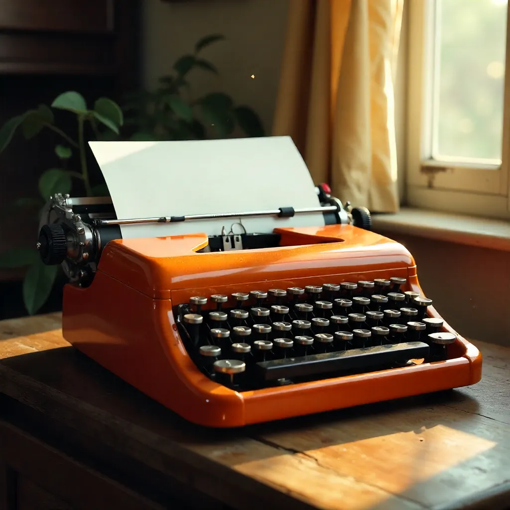 Retro Orange Typewriter on a Wooden Desk