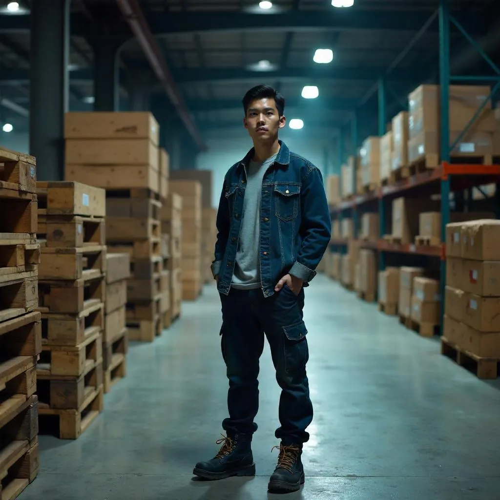 Photorealistic Portrait of a Young Asian Man in a Warehouse