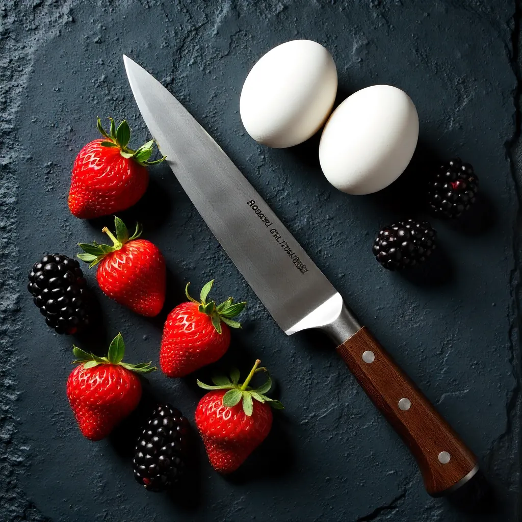 Flat Lay: Strawberries, Eggs & Blackberries with Knife on Stone