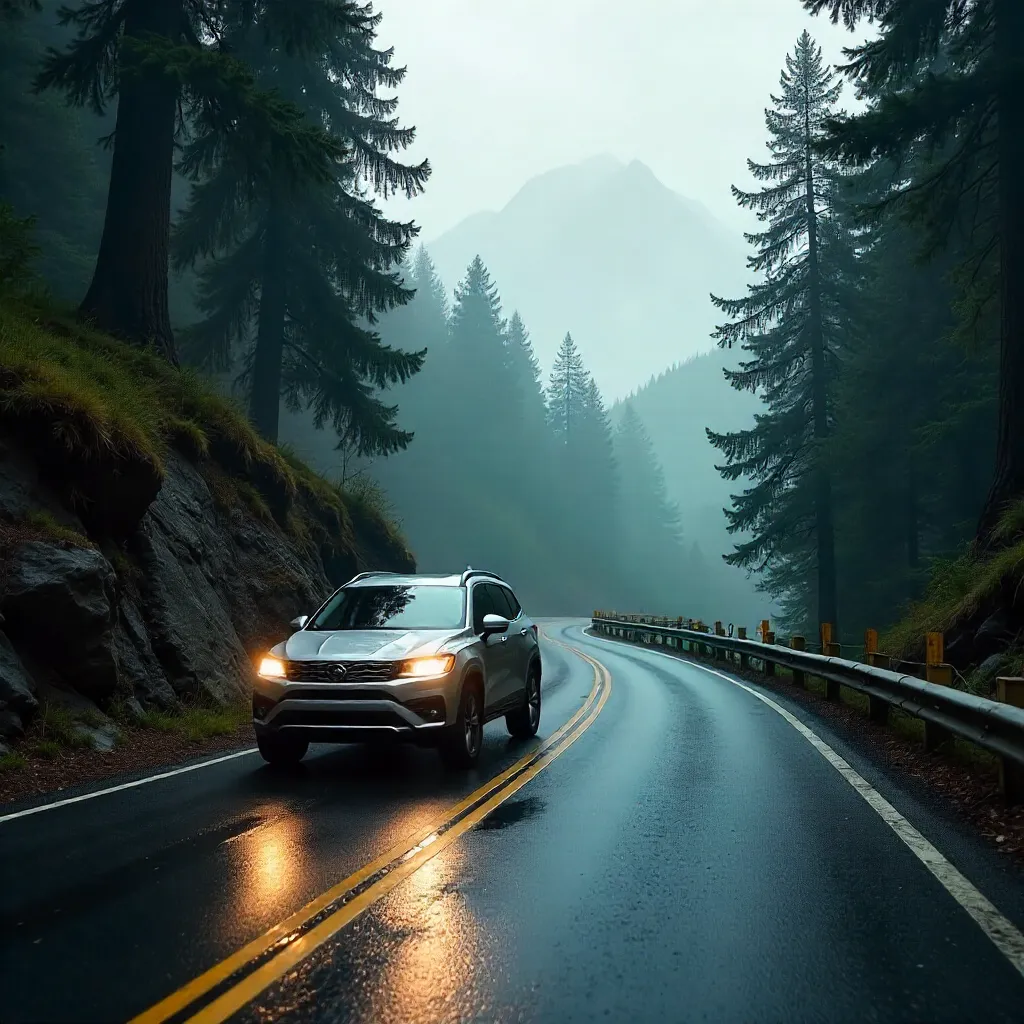 Winding Road Through Misty Evergreen Mountains