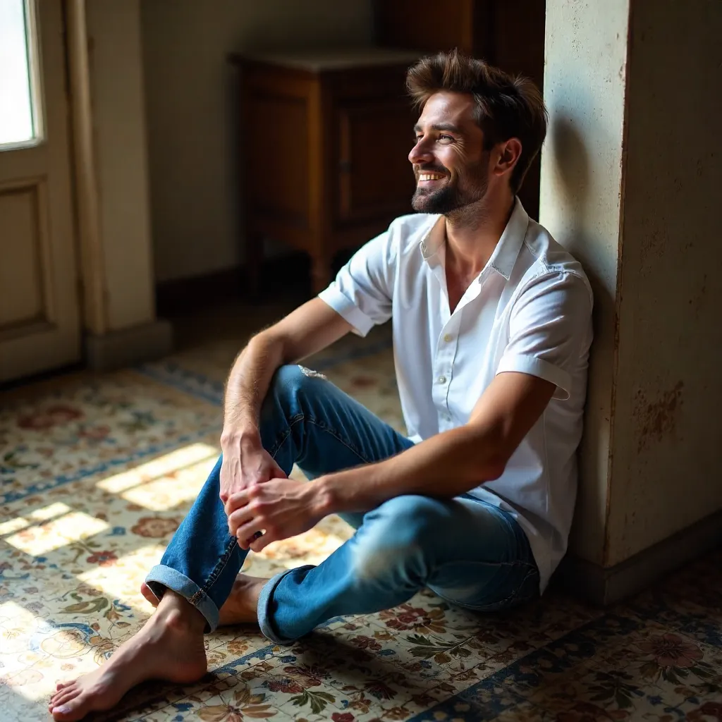 Casual Young Man on Ornate Floor in White Shirt