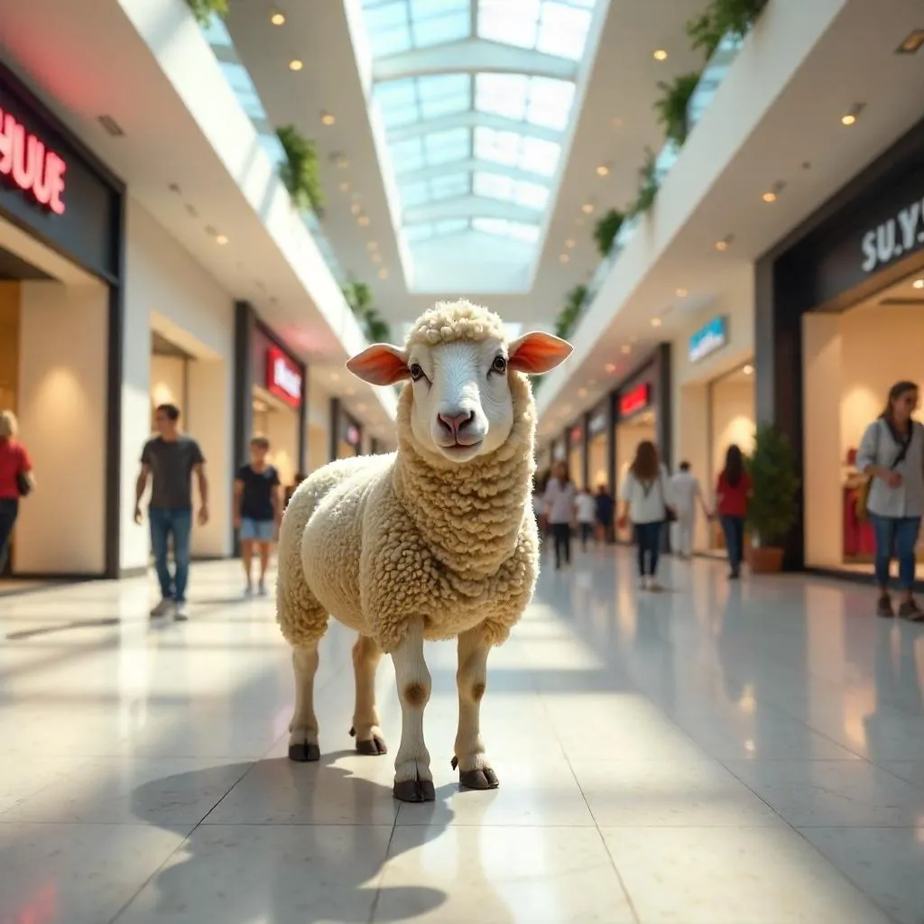 Photorealistic sheep in a shopping mall