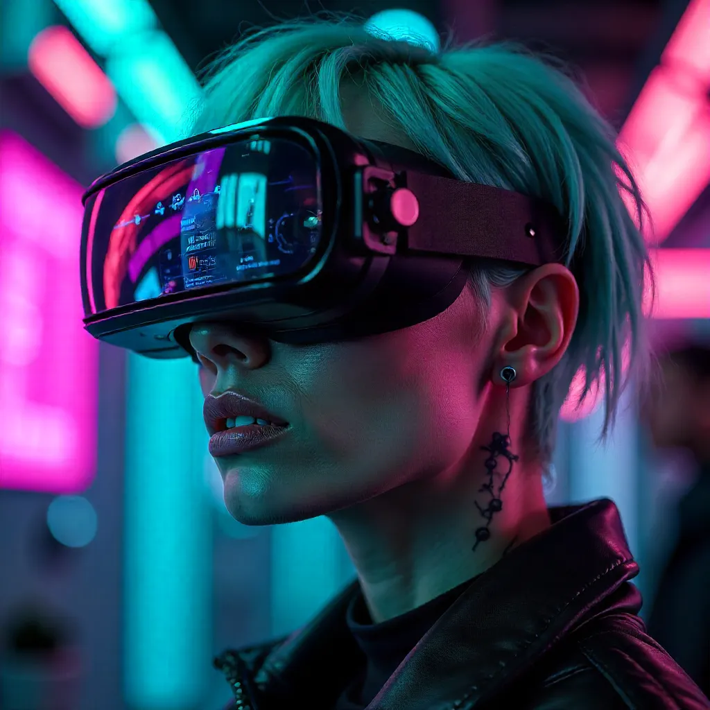 Teal-Haired Woman in VR Goggles in Cyberpunk Interior