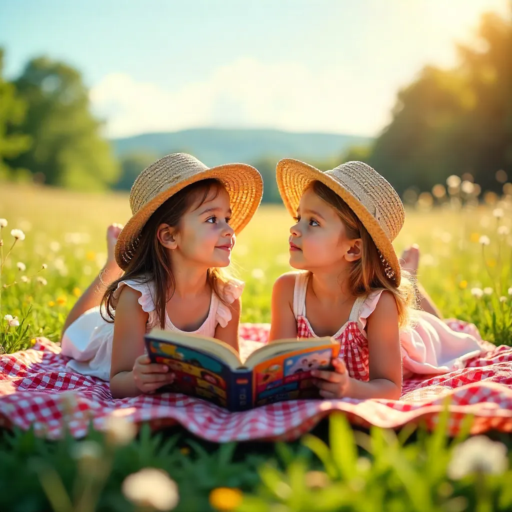 Sunlit Meadow Daydream: Two Girls on a Picnic Blanket
