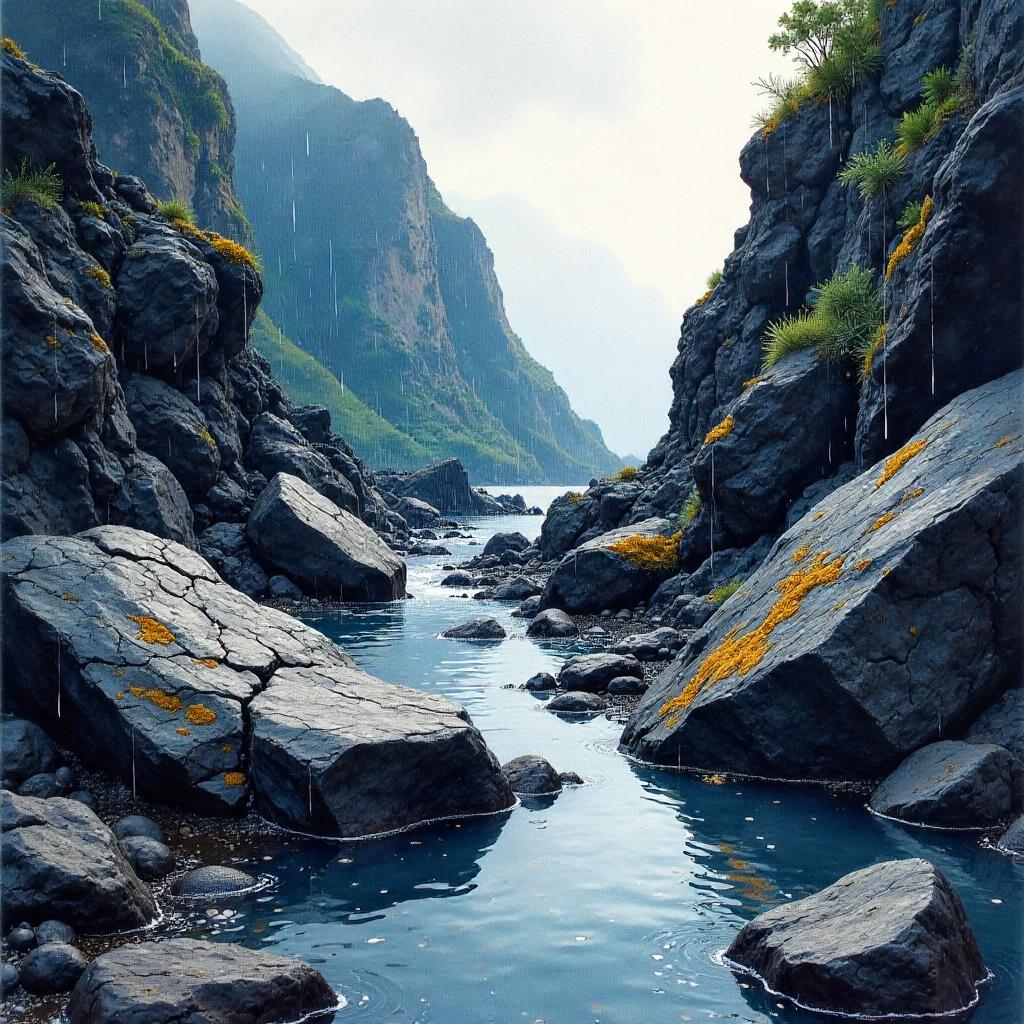 Watercolor Rain over Volcanic Basalt Rocks