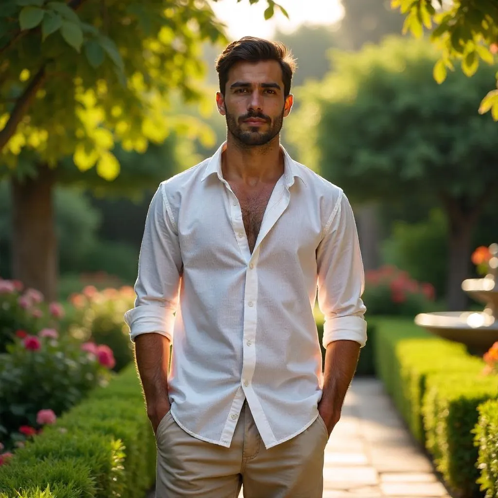 Photorealistic Middle Eastern Man in a Garden