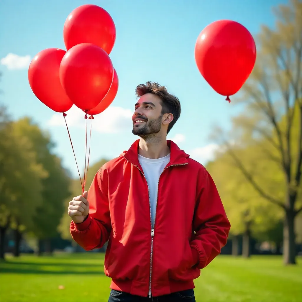Sunlit Park: Young Man in Red Jacket with Balloons