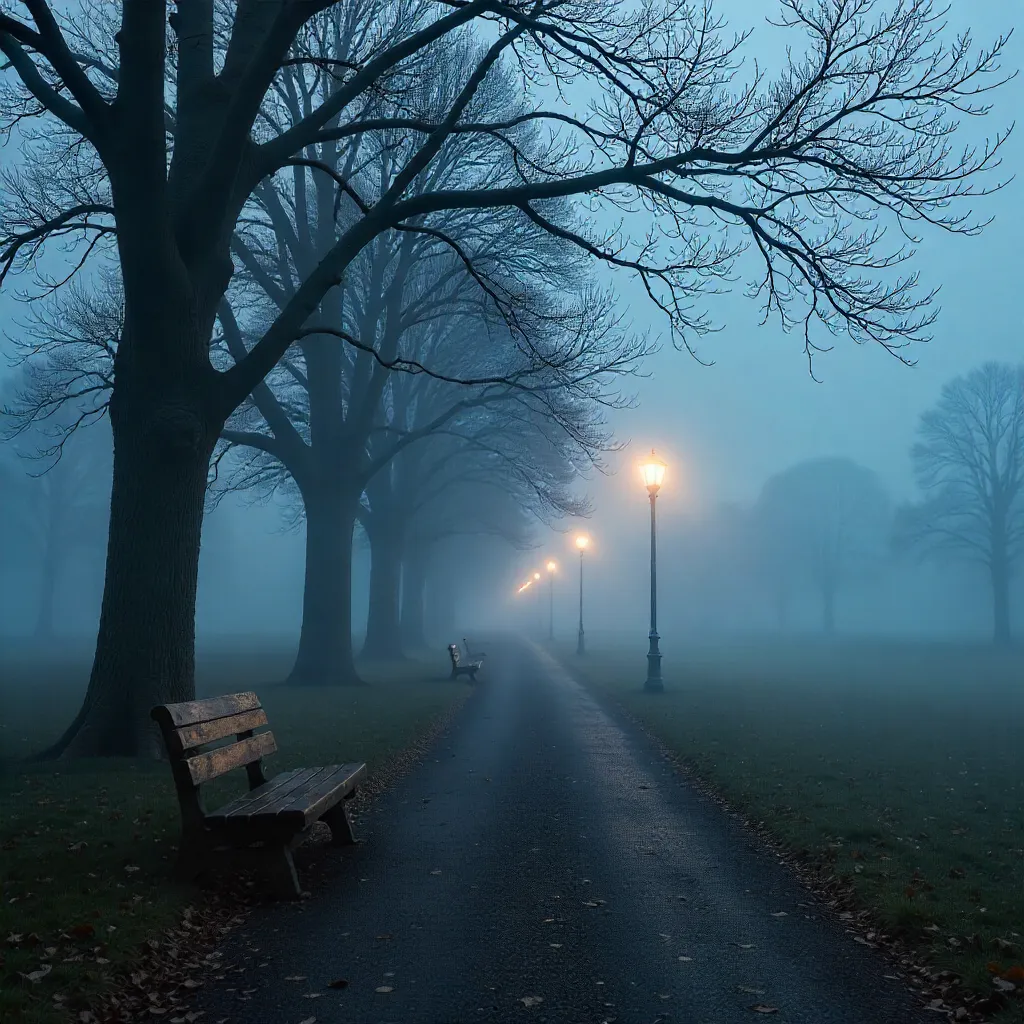 Foggy Winter Park: Empty Benches and Bare Trees