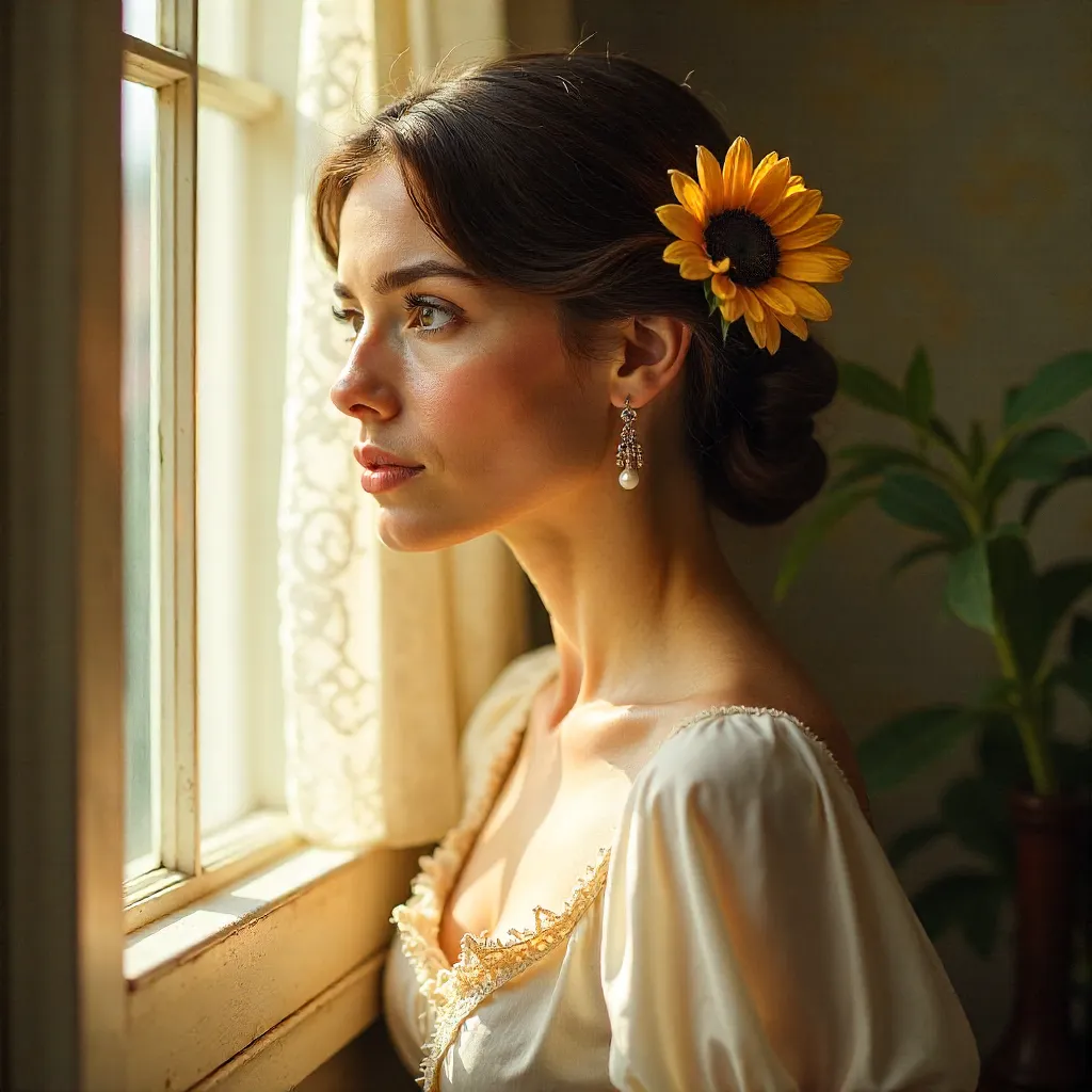 Elegant Portrait by a Window: Sunflower in Hair, Thoughtful Gaze