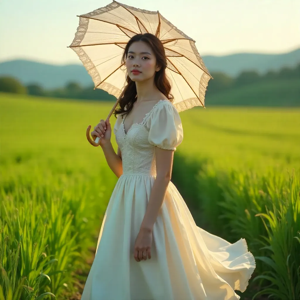 Elegance in White Dress with Parasol in a Green Field