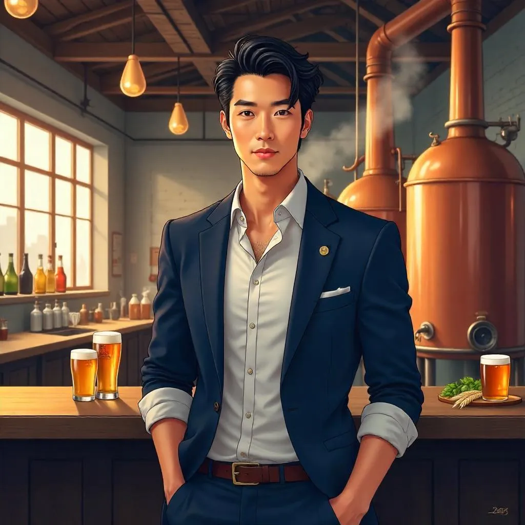 Elegant Asian Man in Anime Style at a Brewery